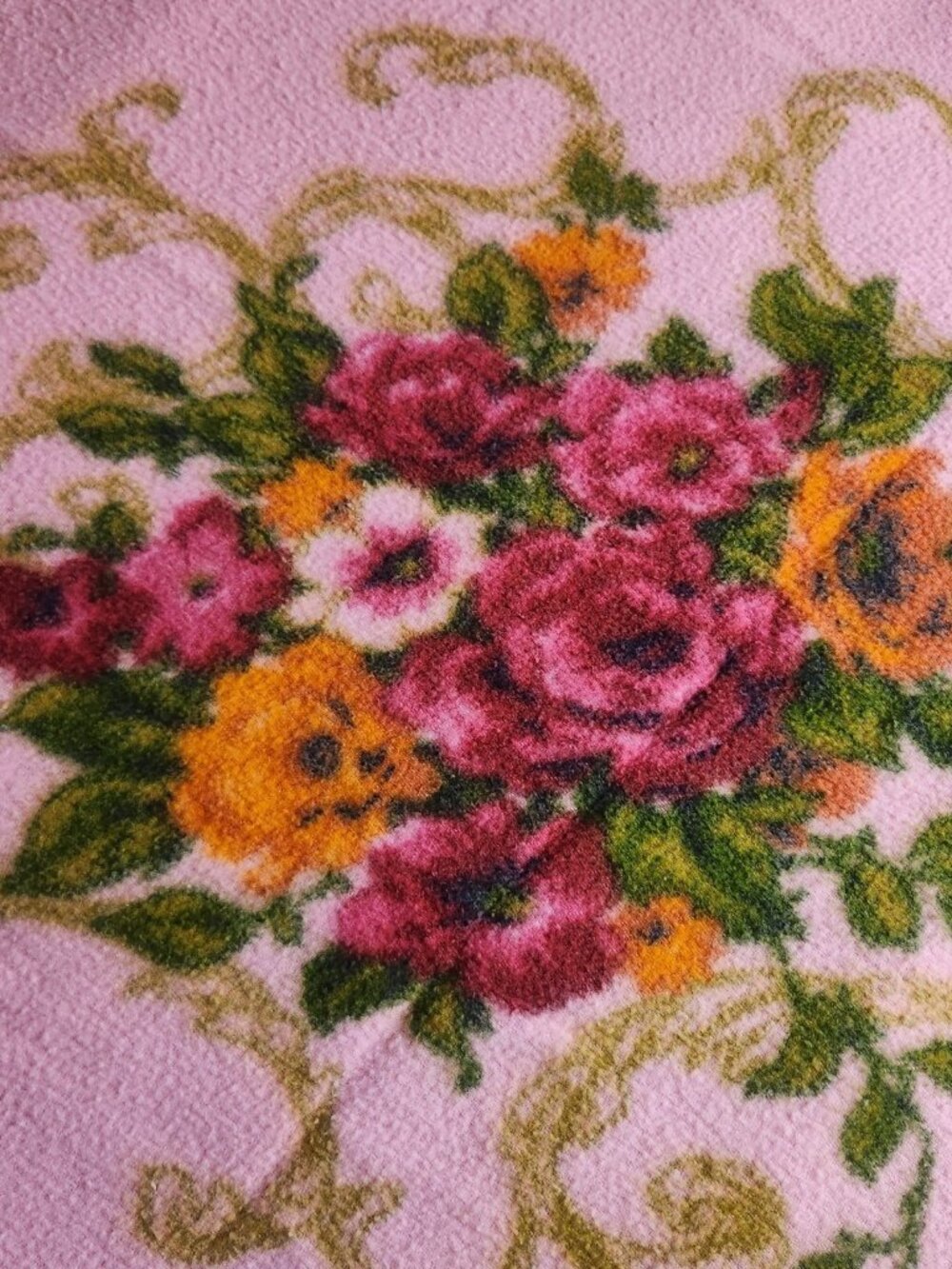 VTG Pink Floral Acrylic Blanket Satin Trim Full Size Retro 70s Kitsch Cottage